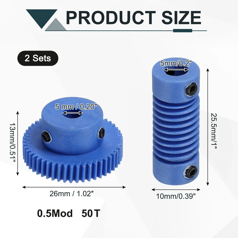 2Set POM Worm Gear Set 0.5M 50:1 Reduction Ratio Gear 5mm Bore Rod 5mm Bore