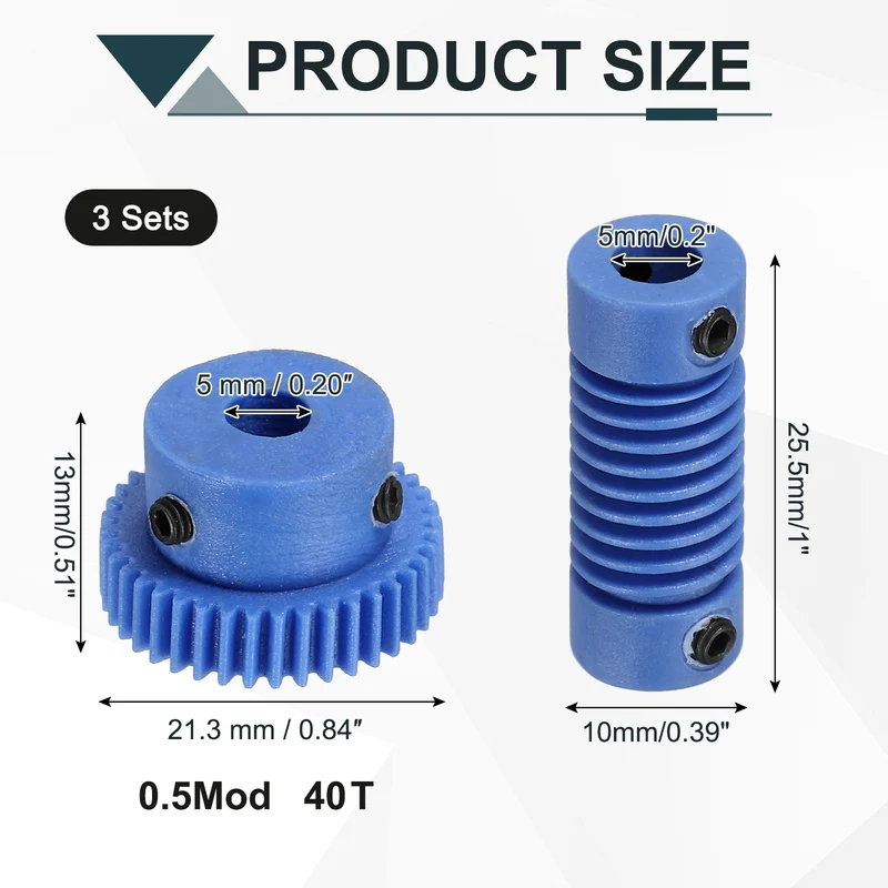 3Set POM Worm Gear Set 0.5M 40:1 Reduction Ratio Gear 5mm Bore Rod 5mm Bore