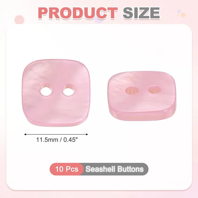 10 Pcs Square Mother of Pearl Buttons 2 Holes 11.5mm for Sewing Crafts Pink