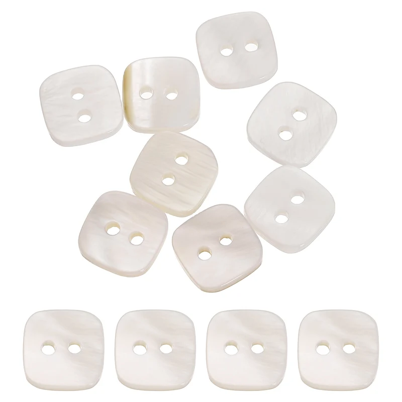 10 Pcs Square Mother of Pearl Buttons 2 Holes 11.5mm for Sewing Crafts White