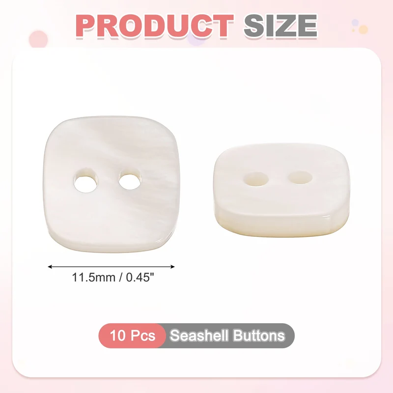 10 Pcs Square Mother of Pearl Buttons 2 Holes 11.5mm for Sewing Crafts White