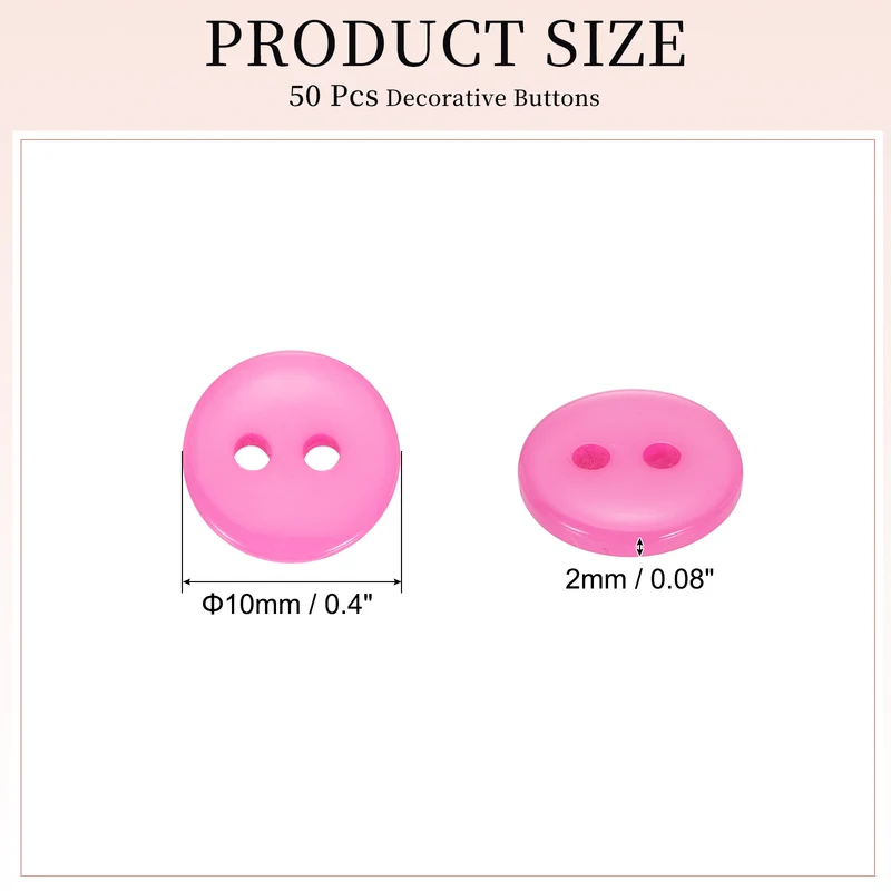 50 Pcs 10mm Resin Sewing Buttons, 2 Hole for Sewing Coats Shirts, Pink