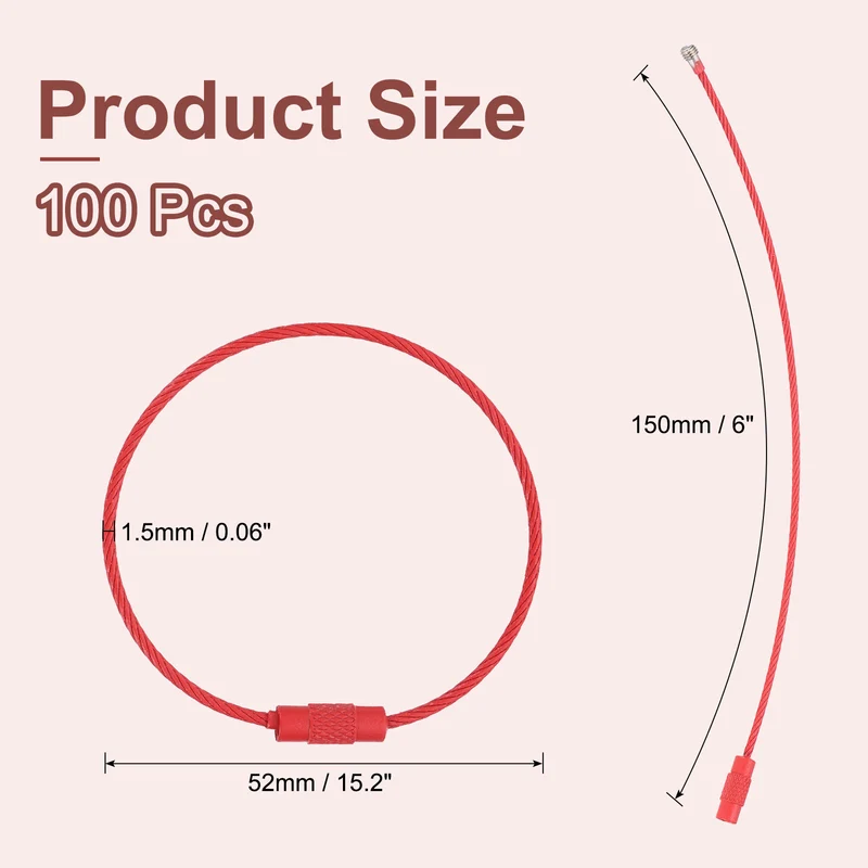 100Pcs Wire Keychain Cable 6 Inch Metal Wire Key Ring Loop Red