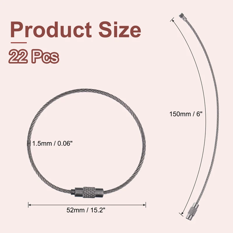 22 Pcs Wire Keychain Cable, 6 Inch Metal Wire Key Ring Loop, Gun Black