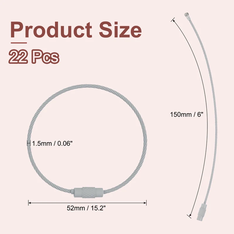 22 Pcs Wire Keychain Cable, 6 Inch Metal Wire Key Ring Loop, Light Grey