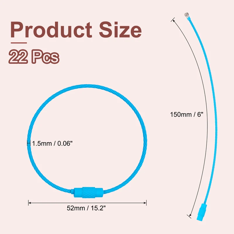 22Pcs Wire Keychain Cable 6 Inch Metal Wire Key Ring Loop Light Blue