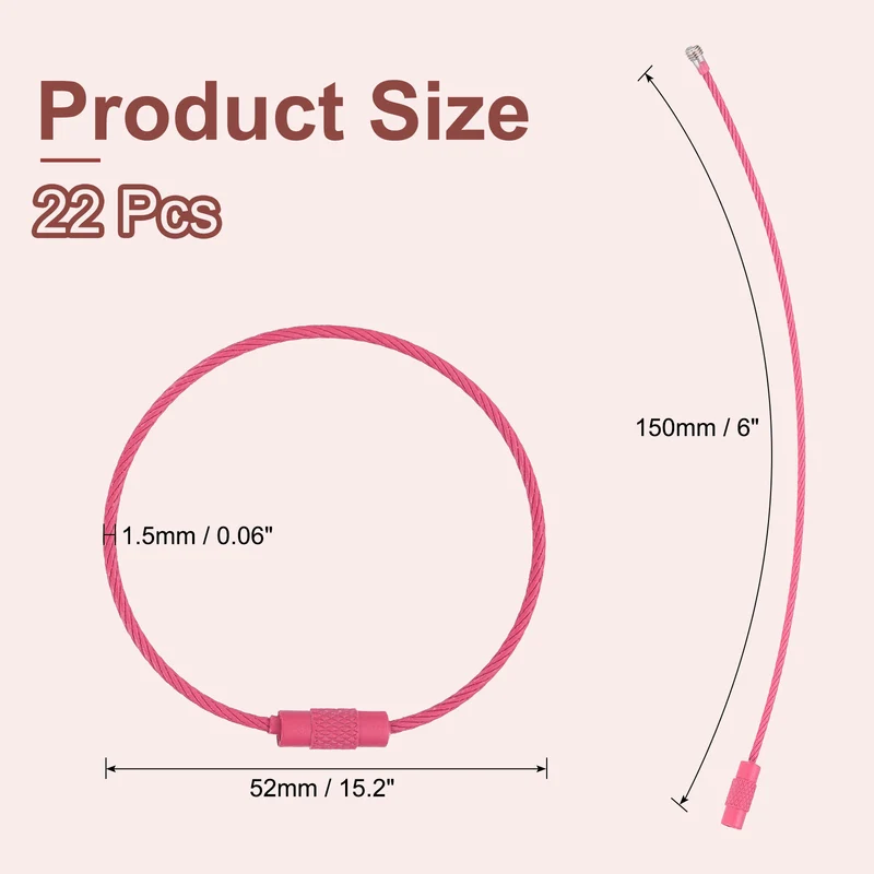 22 Pcs Wire Keychain Cable, 6 Inch Metal Wire Key Ring Loop, Rose Red