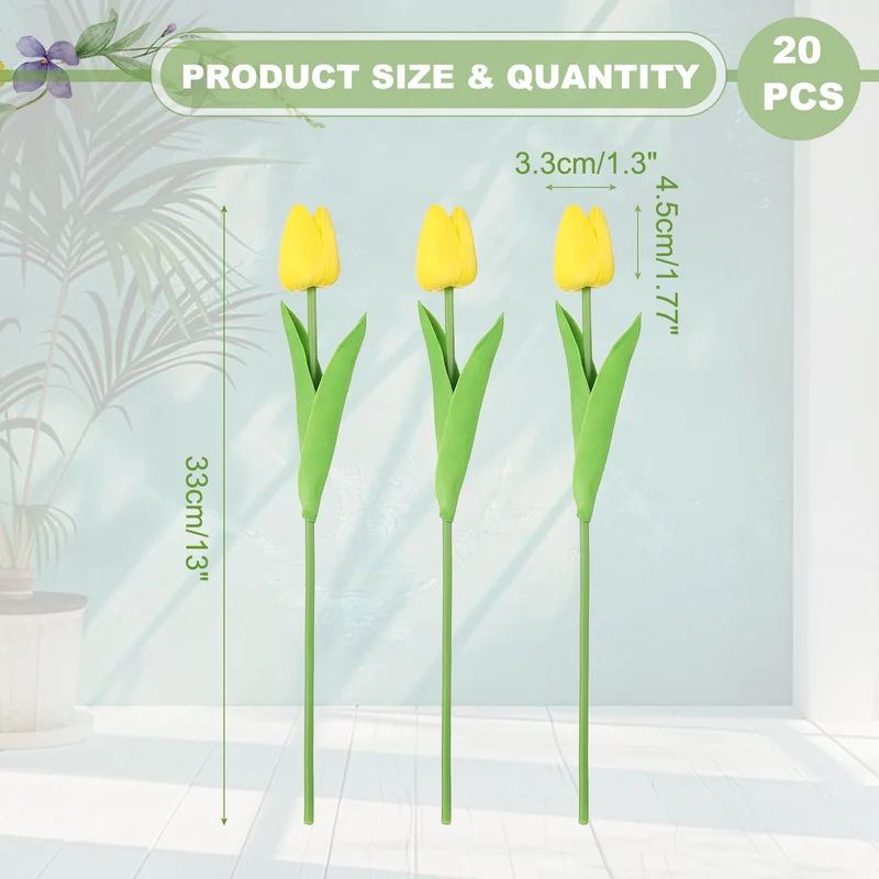 20pcs Tulips Artificial Flowers, Faux Flowers Fake Tulip Stems(Yellow)