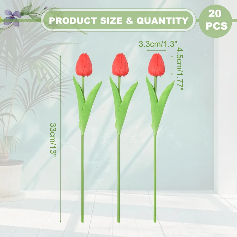 20pcs Tulips Artificial Flowers, Faux Flowers Fake Tulip Stems(Red)