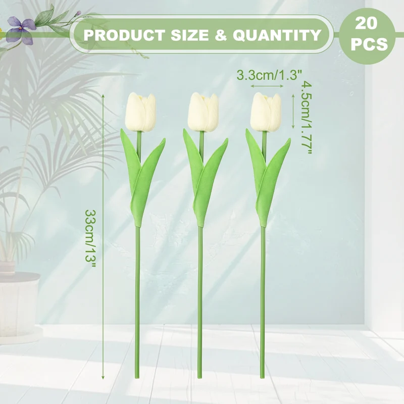 20pcs Tulips Artificial Flowers, Faux Flowers Fake Tulip Stems(Cream White)