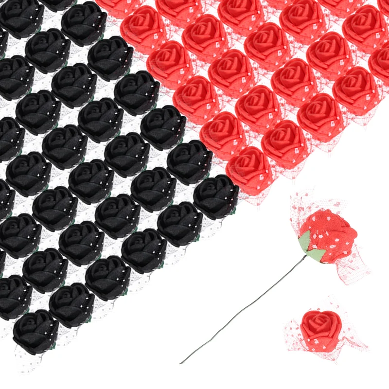 Artificial Flowers, Black and Red Fake Roses with Lace for Wedding Decor 144Pcs