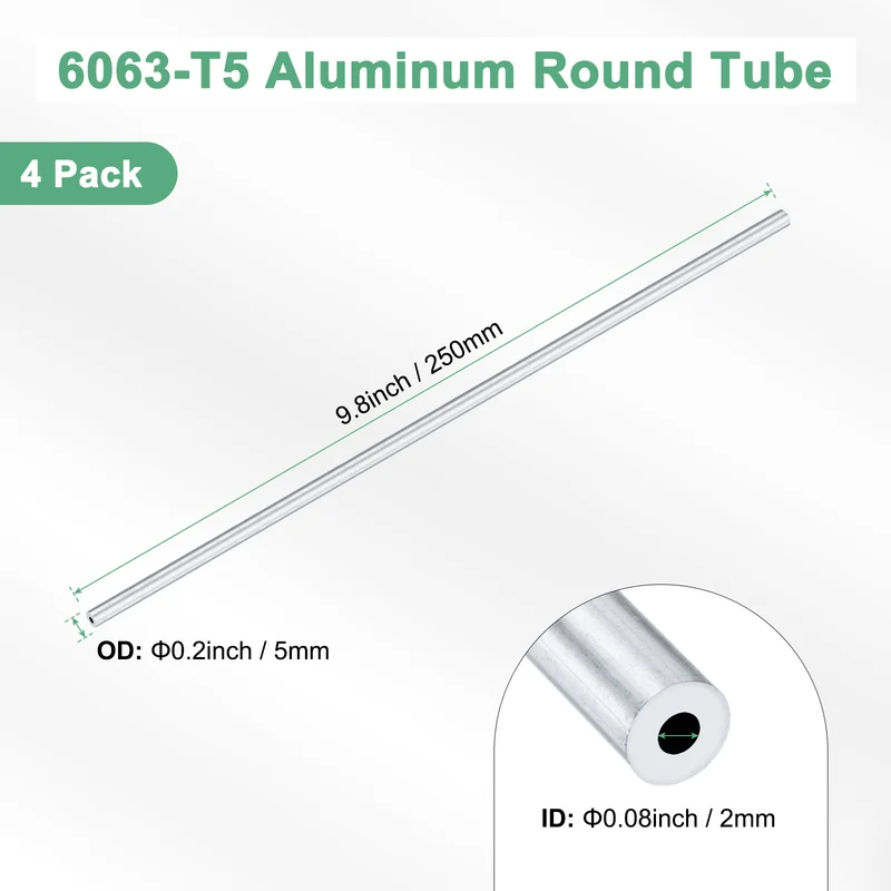 4-Pack 6063 Aluminum Round Tube, 2mmx5mm(IDxOD) 250mm Length Straight Tubing