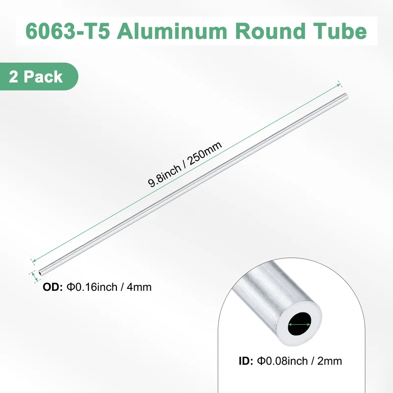 2-Pack 6063 Aluminum Round Tube, 2mmx4mm(IDxOD) 250mm Length Straight Tubing