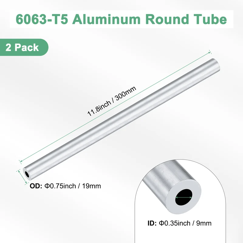 2-Pack 6063 Aluminum Round Tube, 9mmx19mm(IDxOD) 300mm Length Straight Tubing