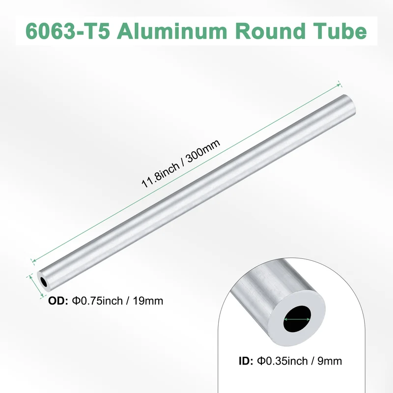 1-Pack 6063 Aluminum Round Tube, 9mmx19mm(IDxOD) 300mm Length Straight Tubing