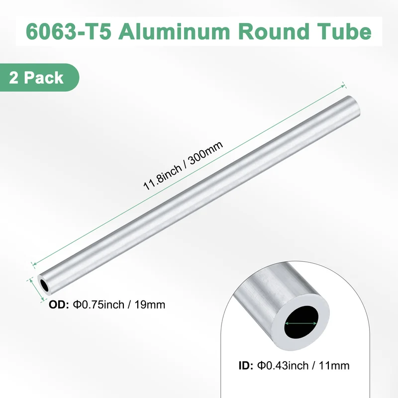 2-Pack 6063 Aluminum Round Tube, 11mmx19mm(IDxOD) 300mm Length Straight Tubing