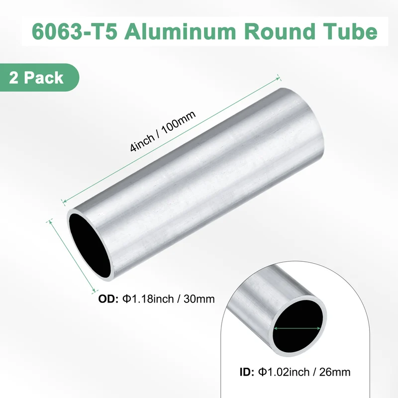 2-Pack 6063 Aluminum Round Tube, 26mmx30mm(IDxOD) 100mm Length Straight Tubing