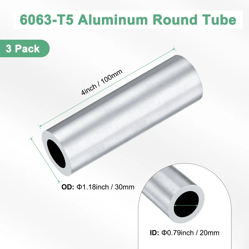 3-Pack 6063 Aluminum Round Tube, 20mmx30mm(IDxOD) 100mm Length Straight Tubing