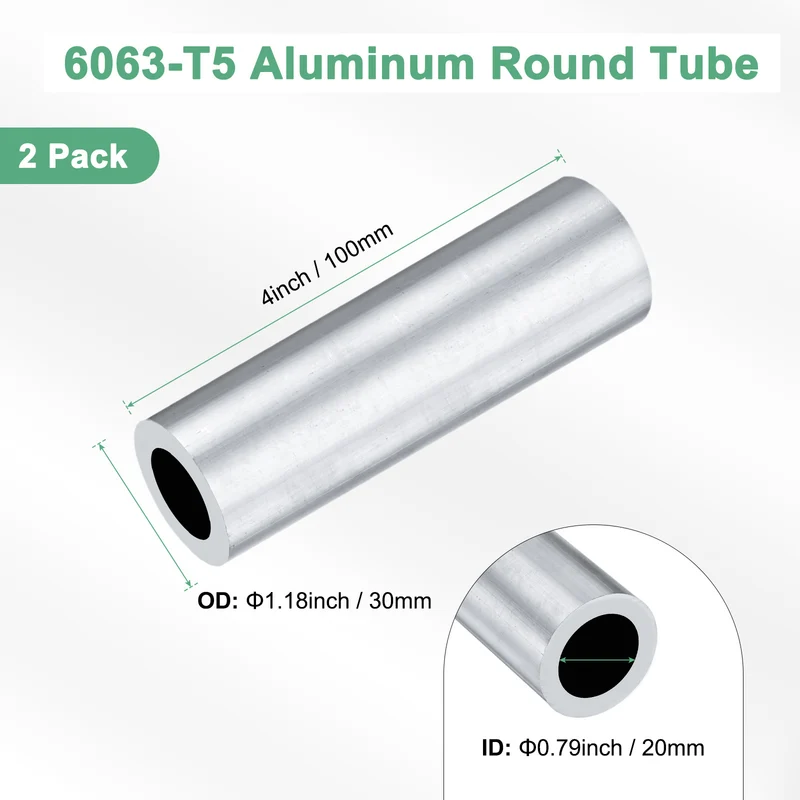 2-Pack 6063 Aluminum Round Tube, 20mmx30mm(IDxOD) 100mm Length Straight Tubing
