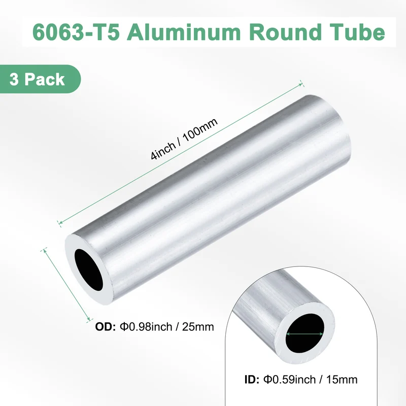 3-Pack 6063 Aluminum Round Tube, 15mmx25mm(IDxOD) 100mm Length Straight Tubing
