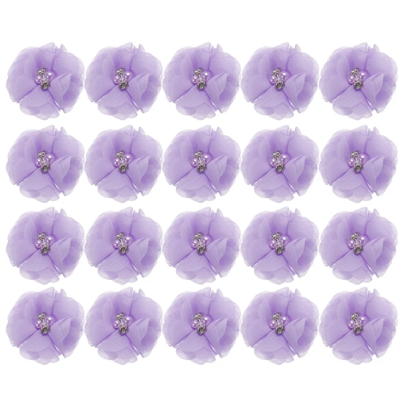 Artificial Rhinestone Chiffon Flower Heads, Light Purple Flowers 2 Inch 20Pcs