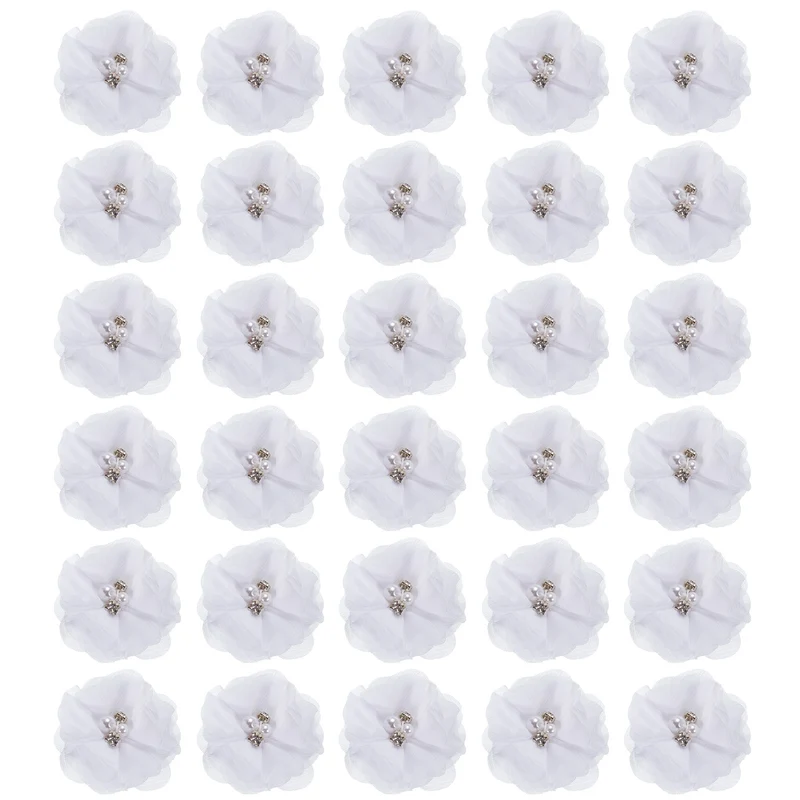 Artificial Rhinestone Chiffon Flower Heads, White Faux Flowers 2 Inch 30Pcs