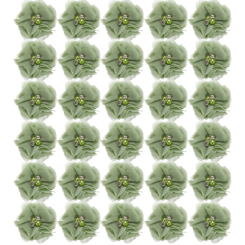 Artificial Rhinestone Chiffon Flower Heads, Light Green Flowers 2 Inch 30Pcs