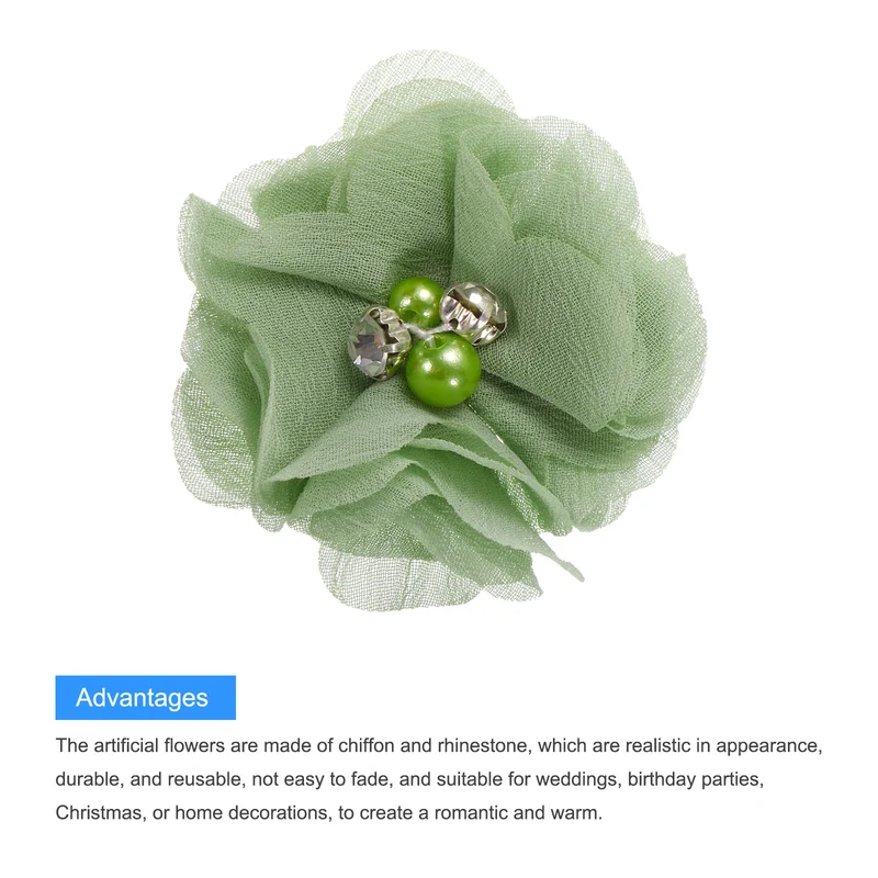 Artificial Rhinestone Chiffon Flower Heads, Light Green Flowers 2 Inch 30Pcs