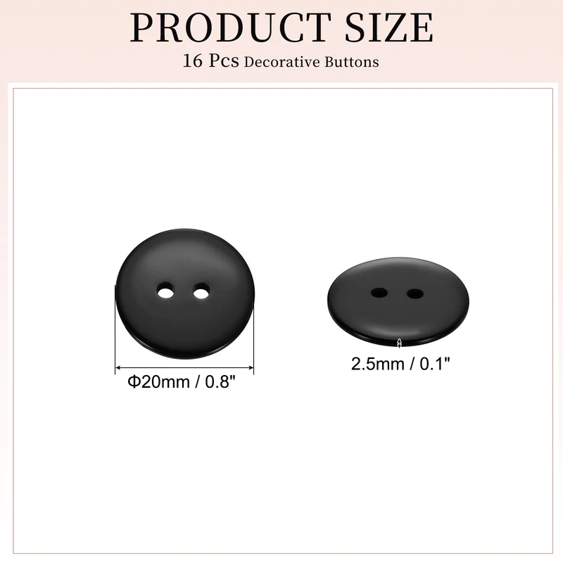16 Pcs 20mm Resin Sewing Buttons, 2 Hole for Sewing Coats Shirts, Black