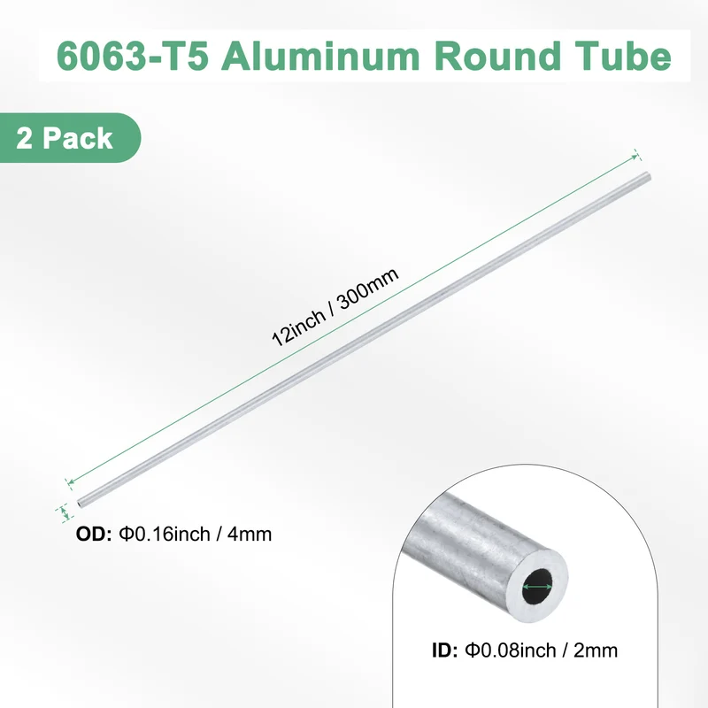 2-Pack 6063 Aluminum Round Tube, 2mmx4mm(IDxOD) 300mm Length Straight Tubing