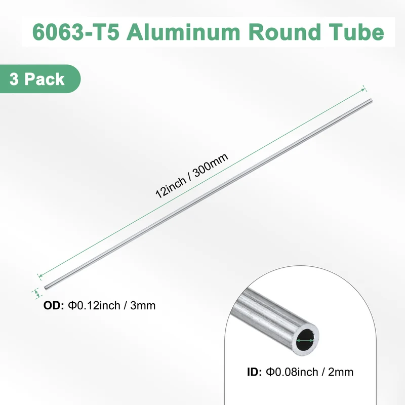 3-Pack 6063 Aluminum Round Tube, 2mmx3mm(IDxOD) 300mm Length Straight Tubing