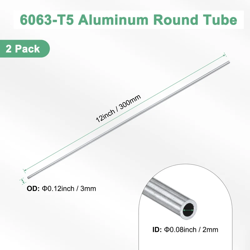 2-Pack 6063 Aluminum Round Tube, 2mmx3mm(IDxOD) 300mm Length Straight Tubing