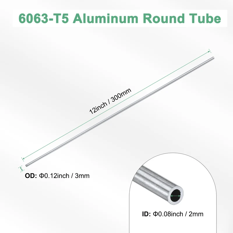 1-Pack 6063 Aluminum Round Tube, 2mmx3mm(IDxOD) 300mm Length Straight Tubing
