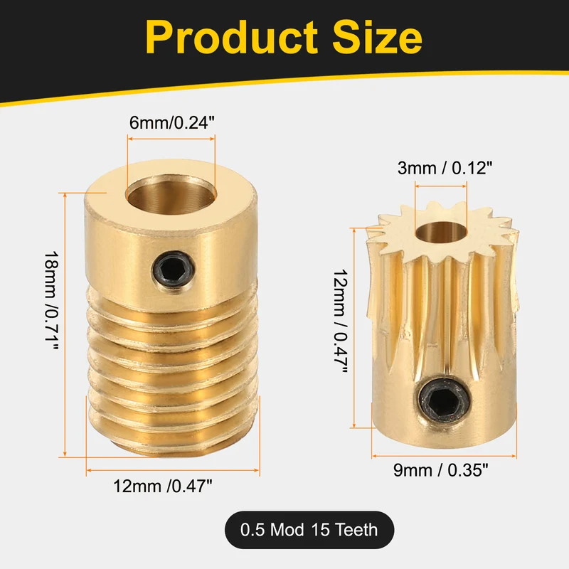 Worm Gear Set 0.5 Module 15:1 Reduction Rate(Gear-3mm Bore, Rod 6mm Bore)
