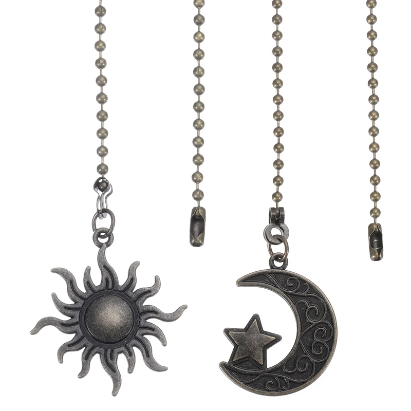 30cm Ceiling Fan Pull Chain Set, 4Pcs Lighting Fan Beaded Ball Pull Chain Extender with Connector Moon and Sun Pendant Extension, Bronze