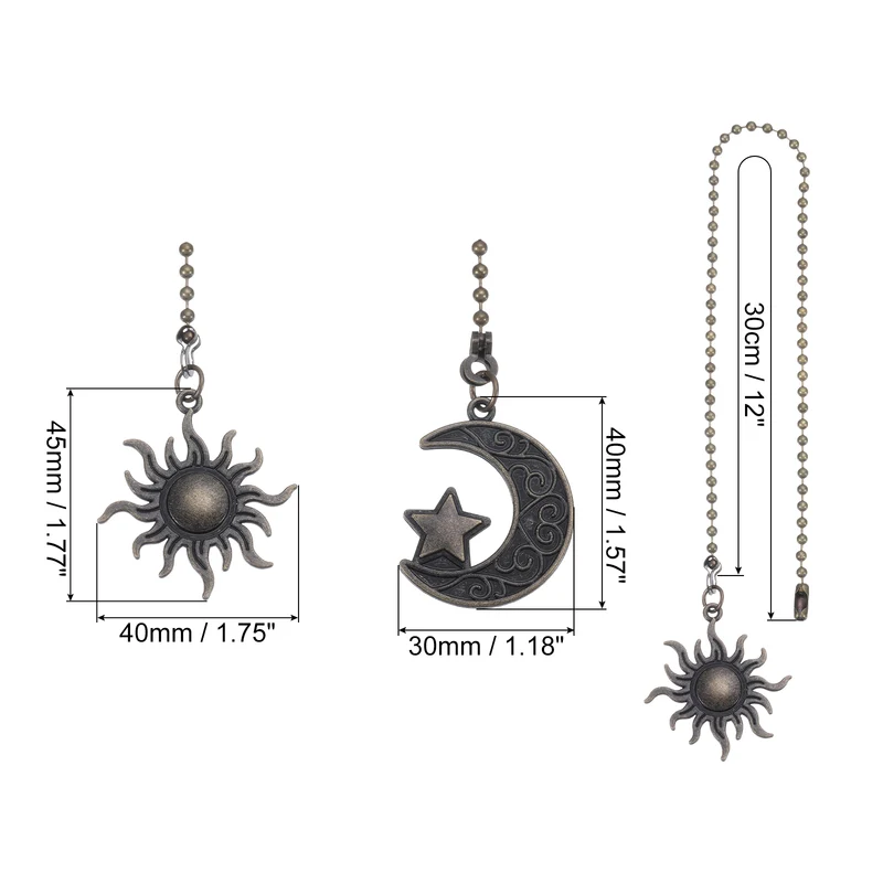 30cm Ceiling Fan Pull Chain Set, 4Pcs Lighting Fan Beaded Ball Pull Chain Extender with Connector Moon and Sun Pendant Extension, Bronze