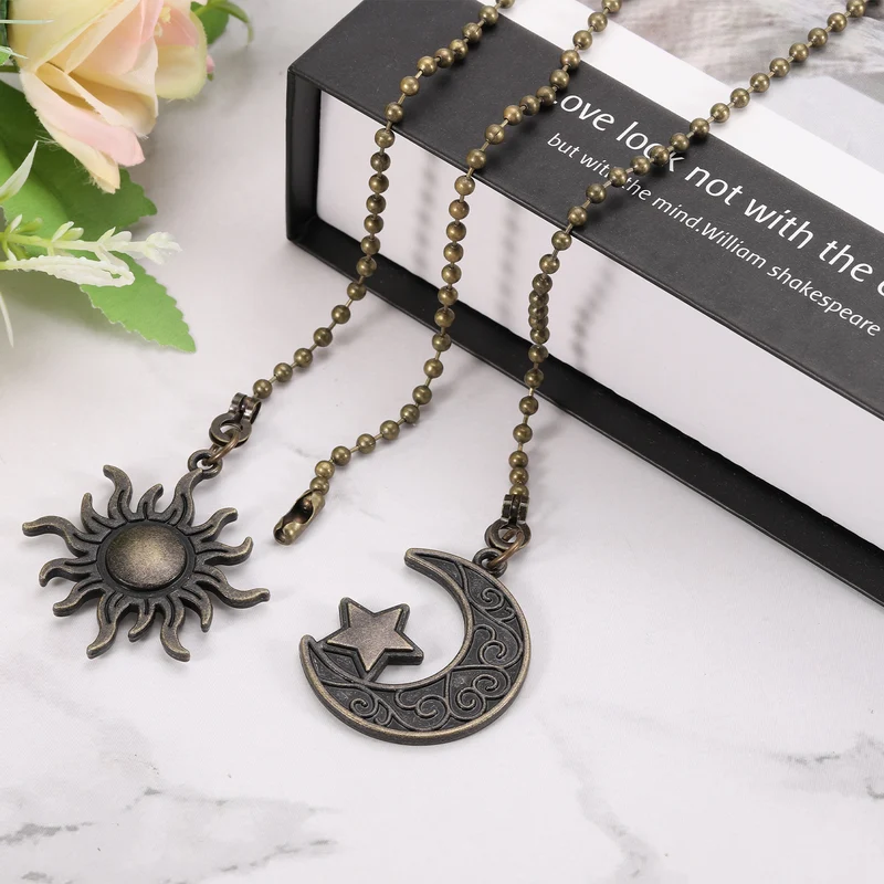 30cm Ceiling Fan Pull Chain Set, 4Pcs Lighting Fan Beaded Ball Pull Chain Extender with Connector Moon and Sun Pendant Extension, Bronze