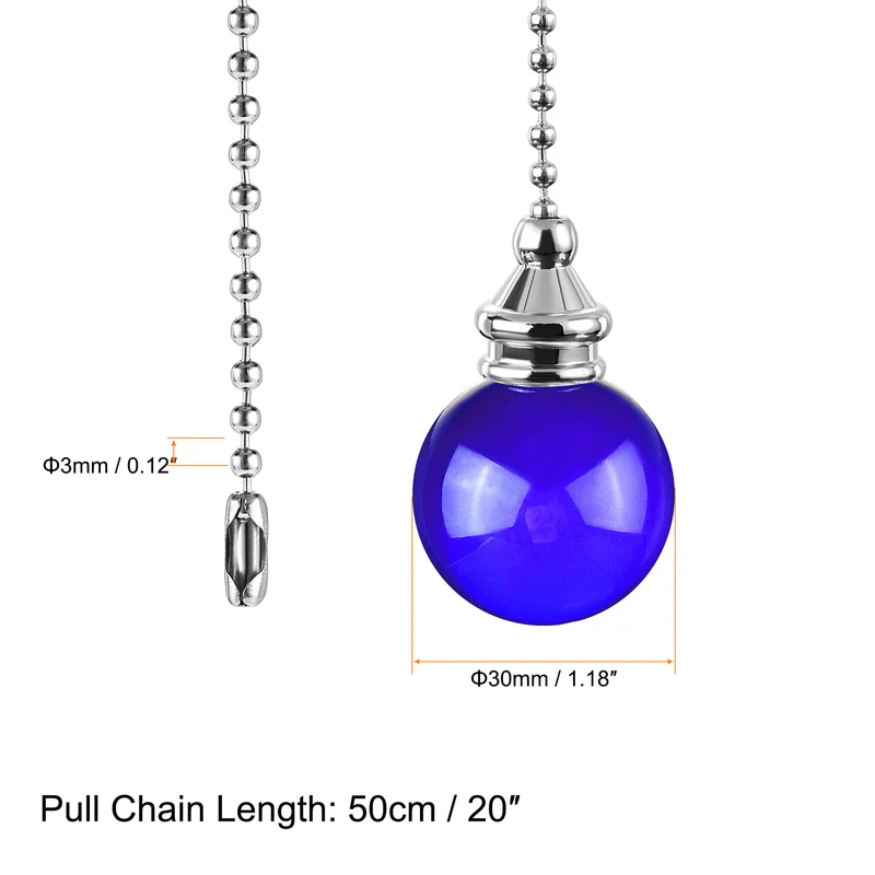 Ceiling Fan Pull Chain, 20 Inch Fan Pull Chain Ornament Extension Lighting Accessories, 30mm Crystal Ball Pendant, Blue 2Pcs