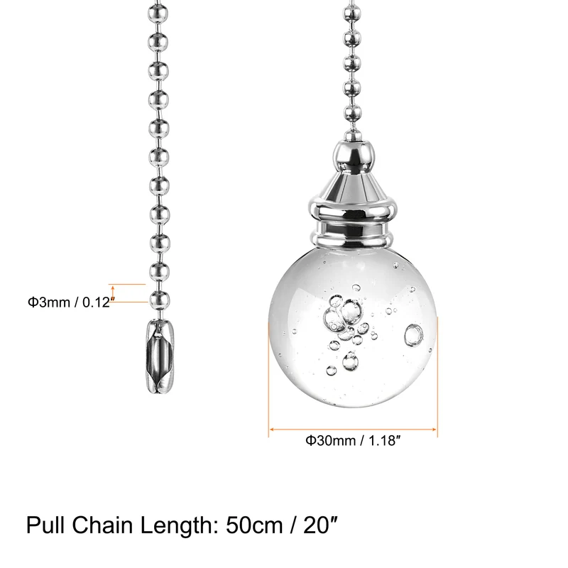 20 Inch Ceiling Fan Pull Chain, Decorative Crystal Fan Pull Chain Ornament Extension, 30mm Bubble Ball Pendant, Clear