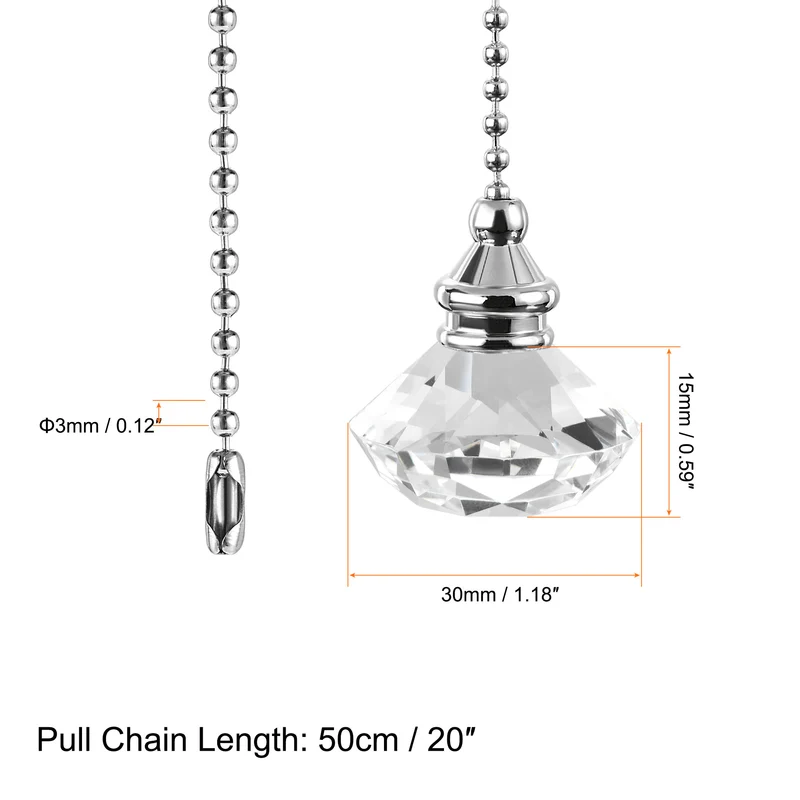 20 Inch Ceiling Fan Pull Chain, Decorative Crystal Fan Pull Chain Ornament Extension, 3mm Diameter Beaded Diamond Pendant, Clear 2Pcs