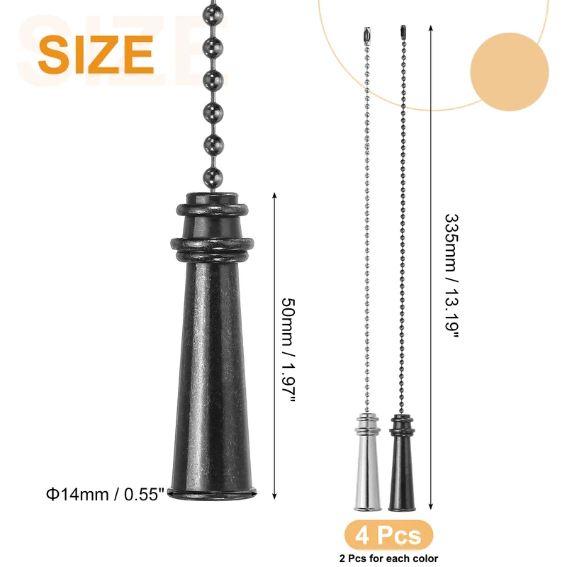 4Pcs 13.2" Alloy Ceiling Fan Pull Chain Tower Pendant, Black/Silver