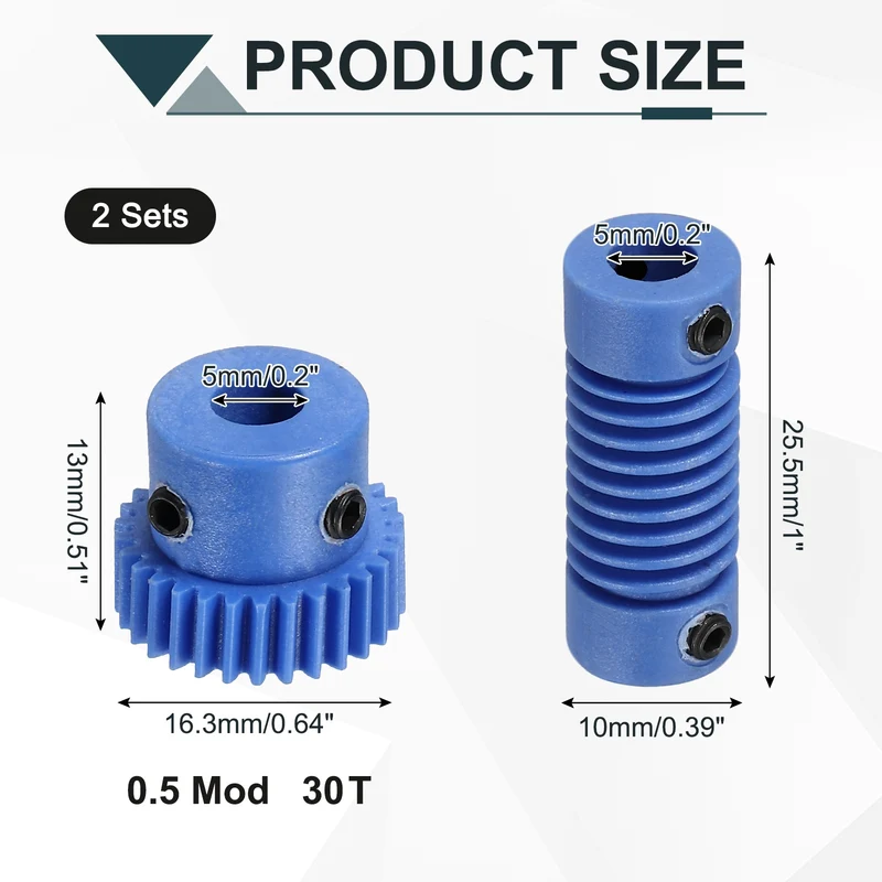 2Set POM Worm Gear Set 0.5M 30:1 Reduction Ratio Gear 5mm Bore Rod 5mm Bore