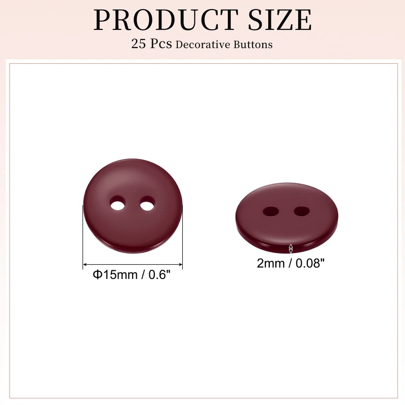 25 Pcs 15mm Resin Sewing Buttons, 2 Hole for Sewing Coats Shirts, Dark Red