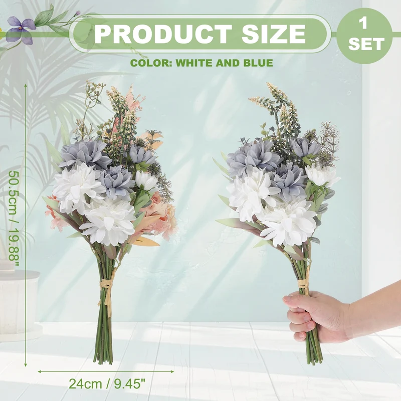 Fake Flower Bouquet, Faux Silk Wedding Bouquets Decorations(White and Blue)