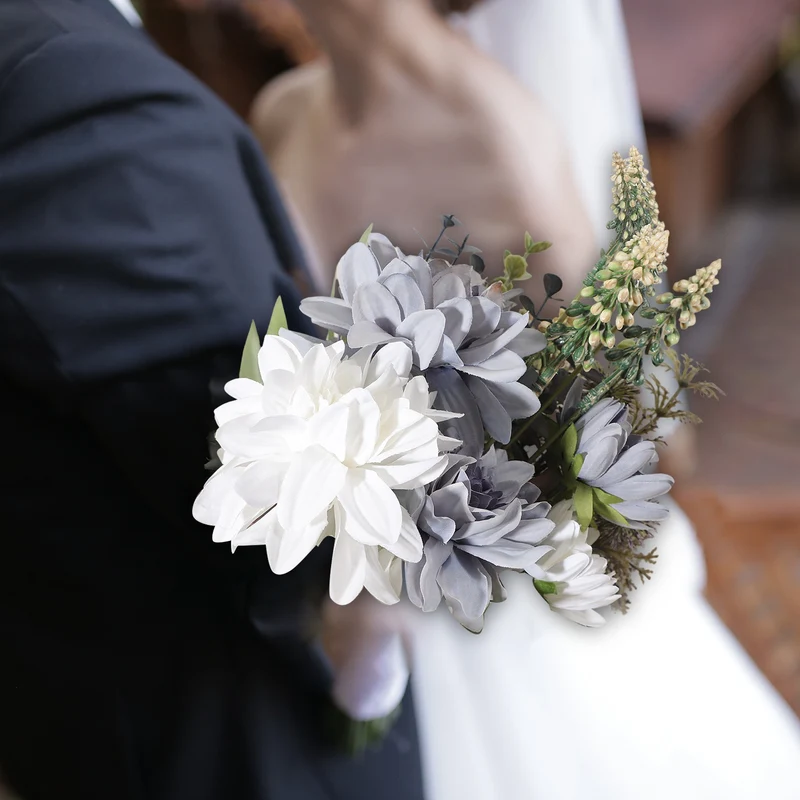 Fake Flower Bouquet, Faux Silk Wedding Bouquets Decorations(White and Blue)