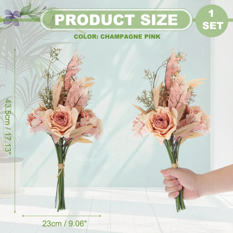 Fake Flower Bouquet, Faux Silk Wedding Bouquets Decorations(Champagne Pink)