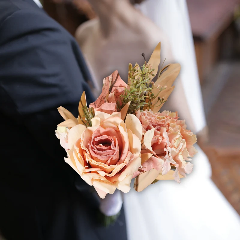 Fake Flower Bouquet, Faux Silk Wedding Bouquets Decorations(Champagne Pink)