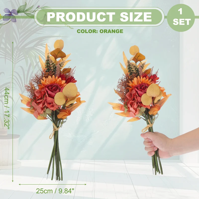 Fake Flower Bouquet, Faux Silk Wedding Bouquets Decorations(Orange)