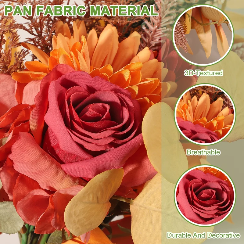 Fake Flower Bouquet, Faux Silk Wedding Bouquets Decorations(Orange)