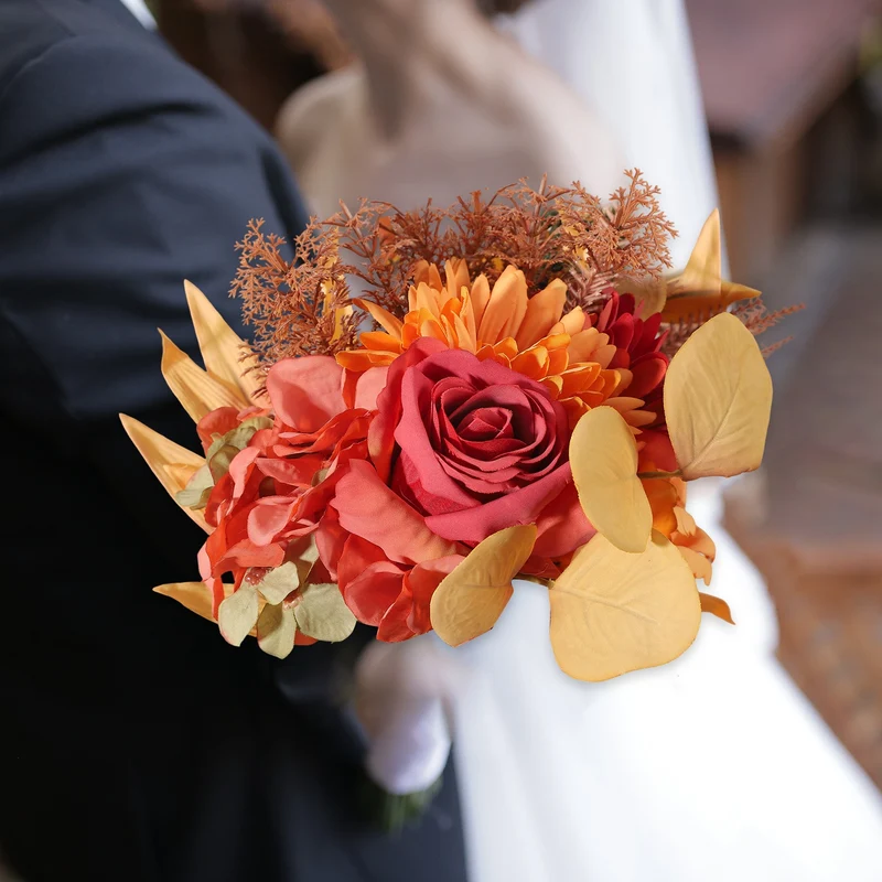 Fake Flower Bouquet, Faux Silk Wedding Bouquets Decorations(Orange)